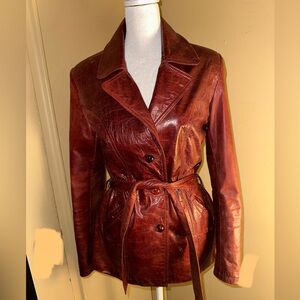 Women's Burgundy Leather Belted Jacket